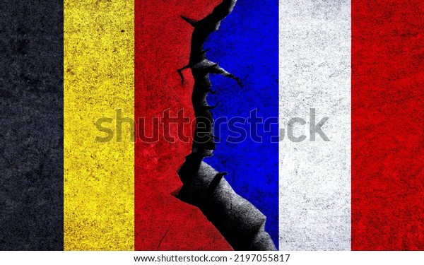 France vs Belgium flags on a wall with a crack.\
Belgium France relations. France Belgium conflict, war crisis,\
economy, relationship, trade\
concept