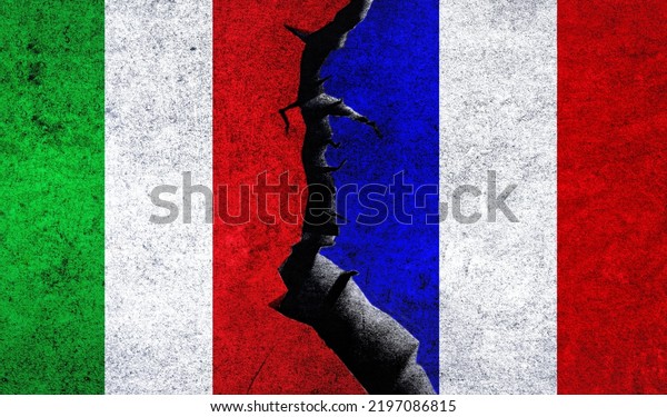 France vs Italy flags on a wall with crack. Italy\
France relations. France Italy conflict, war crisis, economy,\
relationship, trade\
concept