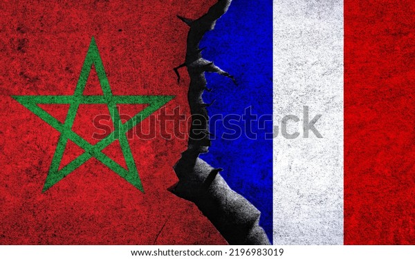 France vs Morocco flags on a wall with a crack.\
France Morocco relations. Morocco France conflict, war crisis,\
economy, relationship, trade\
concept