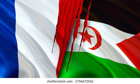 France And Western Sahara Flags With Scar Concept. Waving Flag,3D Rendering. France And Western Sahara Conflict Concept. France Western Sahara Relations Concept. Flag Of France And Western Sahara
