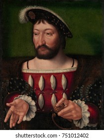 FRANCIS I, KING OF FRANCE, by Joos van Cleve, 1525, Netherlandish, Northern Renaissance painting. Francis I was the first Valois King of France from 1515-47. He was a patron of French Renaissance art