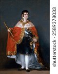 Francisco Goya - Portrait of Ferdinand VII of Spain in his robes of state (1815) - Prado.  Vintage Francisco Goya painting, vintage artwork from Goya. Beautiful antique art.