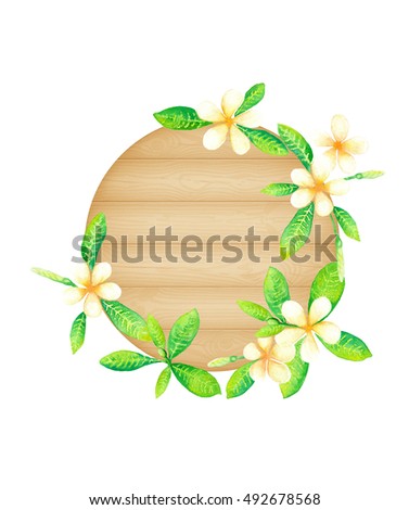 Frangipani flowers on the round wooden textured background watercolor painting