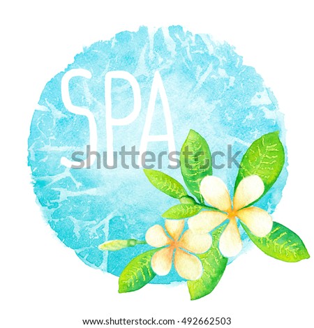 Frangipani flowers and spa lettering on the blue spot background watercolor painting