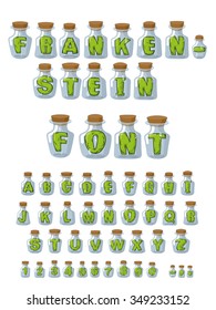 Frankenstein Font. Green Letters In Laboratory Jars For Study. Experiments Over  Alphabet.   