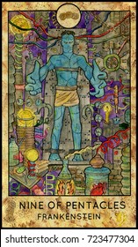 Frankenstein. Laboratory Monster. Nine Of Pentacles. Fantasy Creatures Tarot Full Deck. Minor Arcana. Hand Drawn Graphic Illustration, Colorful Painting With Occult Symbols. Halloween Background