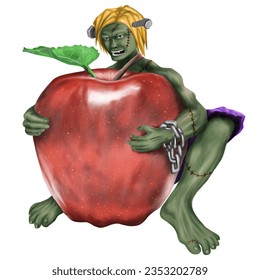 Frankenstein and red apple on transparent background. Hand drawn Illustration elements in halloween costumes