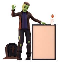 Frankenstein With White Board 3D Illustration For Web, App, Infographic, Etc