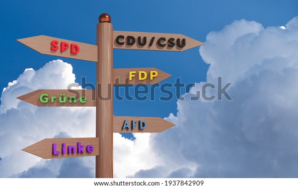 FRANKFURT GERMANY - MARCH 17, 2021: German\
federal election 2021. Fingerpost with signs of the German parties.\
Shows in the direction of the political convictions of the party.\
3D\
illustration.