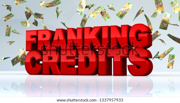 Franking Credits text with Australian bank notes falling down. 3D Rendering - Illustration.