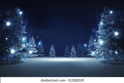 free area in winter glittering magic woods, blue seasonal landscape background 3D illustration 