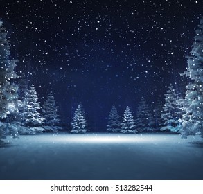 free area in winter snowy woods, blue seasonal landscape background 3D illustration 