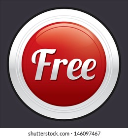 Free button. Red round sticker. Metallic icon with gradient.