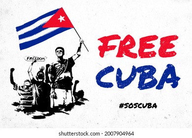 Free Cuba, SOS Cuba, Stock Illustration Of Young Protesters Raising The Fists And The Cuban Flag. Protests In Cuba Against The Government Fighting For Freedom And Democracy