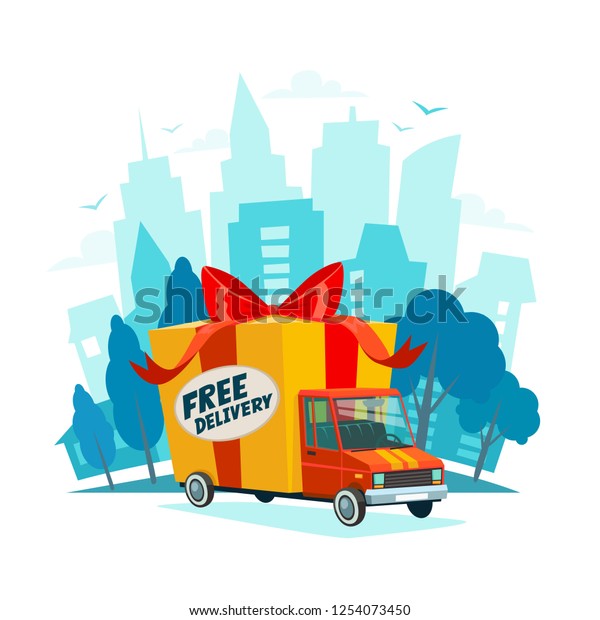 Free delivery concept. Delivery truck with\
gift box, parcel. Delivery service Shipping by car or truck. Flat\
style design truck on Urban landscape. Blue city silhouette\
background.\
illustration