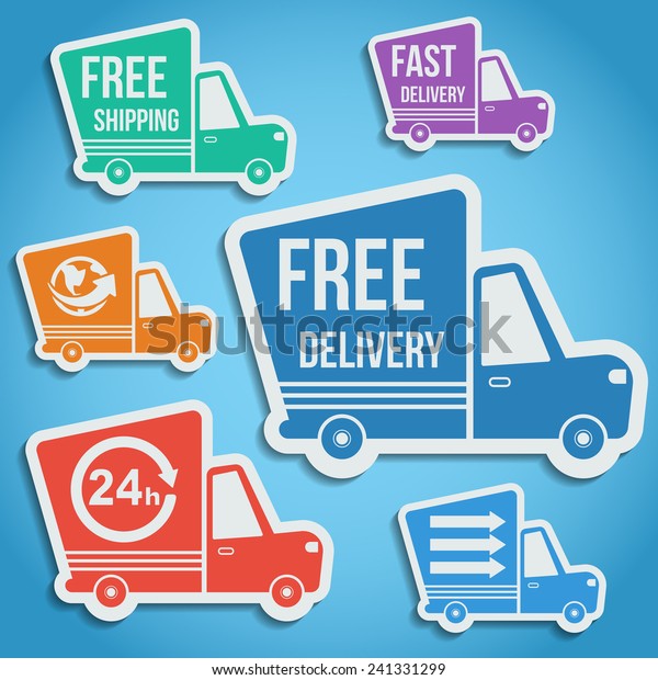 Free\
delivery, fast delivery, free shipping, around the world, around\
the clock colorful icons set with blend\
shadows.