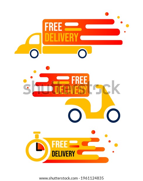 Free express delivery service\
icons illustration isolated on white background. Delivery car,\
scooter and timer clock in red and yellow with text and gradient.\

