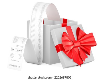 Free Shopping Concept. Printed Receipt Inside Gift Box, 3D Rendering Isolated On White Background