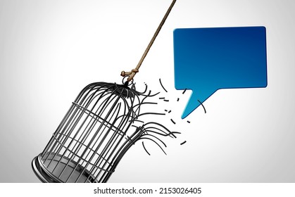 Free Speech And Freedom Of Expression Or From Censorship And As A Symbol For Privacy With A Broken Cage And A Word Bubble Breaking Out As Communication And Censor Laws As A 3D Illustration.