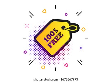 Free tag icon. Halftone dots pattern. Freebies banner symbol. Shopping special offer sign. Classic flat free tag icon.