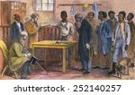 Freedmen at a voter registration office, Macon, Georgia in 1867. During Reconstruction (1866-1876). 19th century engraving with modern color.