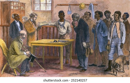 Freedmen At A Voter Registration Office, Macon, Georgia In 1867. During Reconstruction (1866-1876). 19th Century Engraving With Modern Color.