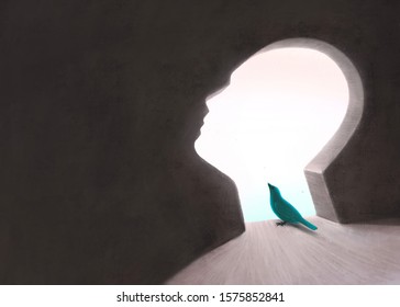 Freedom And Ambition Concept, Imagination Of Surreal Scene Human Head With A Bird Looking At The Sky , Painting Illustration 