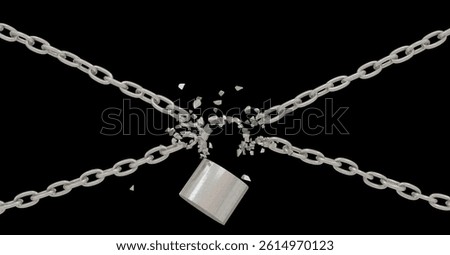 Freedom Concept: 3D image of chains breaking apart at a shattered padlock. Represents liberation, escape. Powerful symbol.