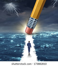 Freedom Concept With A Lightning Storm At Sea And A Pencil Erasing A Clear Path For A Businessman To Walk To His Success Goal As A Metaphor For Bridge Building Solutions And Overcoming Adversity.