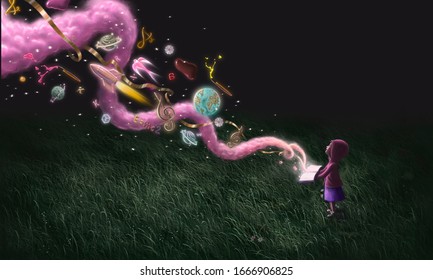 Education￼ And Freedom Concept, Little Girl With Imagination￼ Book. Surreal Painting. Fantasy Art.