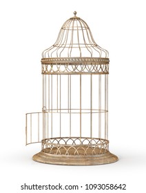 Freedom concept. Open cage isolated on a white. 3d illustration