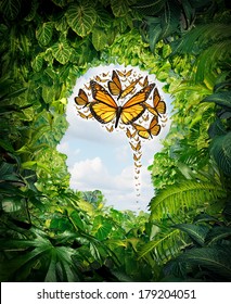 Freedom Of Thought  And Human Intelligence Symbol On A Green Jungle Landscape Shaped As A Head And A Group Of Flying Monarch Butterflies In The Shape Of A Brain As A Mental Health And Education Icon.