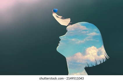 Freedom, way, and hope of women. Flying girl and the sky. Surreal art. concept idea of inspiration and motivation. 3d illustration. Conceptual artwork. - Powered by Shutterstock