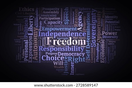 Freedom Word Cloud. Comprehensive Visual Representation of Autonomy, Civil Liberties, and Self-Determination Principles within Philosophical and Socio-Political Contexts.