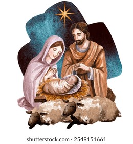 Freehand Christmas scene is an artistic watercolor depiction of the Nativity of Christ, including 
Mary, Joseph, baby Jesus isolated on a white background. Hand drawn watercolour card - Powered by Shutterstock