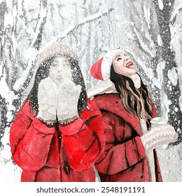 Freehand cozy watercolor winter illustration of girls catching snowflakes with their mouths against the background of a snowy forest. Hello winter. Design postcard - Powered by Shutterstock