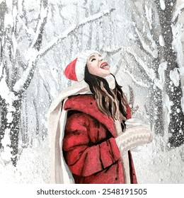 Freehand cozy watercolor winter illustration of girls catching snowflakes with their mouths against the background of a snowy forest. Hello winter. Design postcards - Powered by Shutterstock