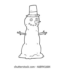freehand drawn black   white cartoon snowman in top hat