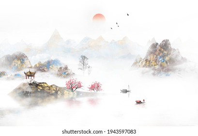Freehand landscape painting Chinese style ink background painting