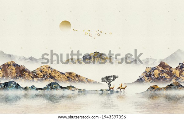 Freehand landscape painting Chinese style ink background nature wall mural painting.