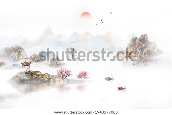 Freehand landscape painting Chinese style ink background painting. Nature wall murals. 