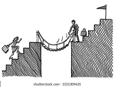 Freehand Pen Drawing Of Business Man Cutting Ropes Of Hanging Bridge To Prevent Businesswoman From Catching Up. Metaphor For Gender Discrimination, Inequality, Battle Of The Sexes, Career, Rivalry.