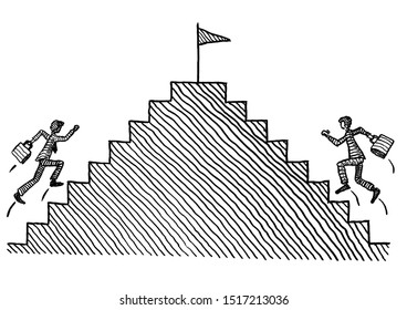 Freehand Pen Drawing Of Two Competing Business Man Racing Towards The Same Goal Post Up Two Opposing Flights Of Stairs. Metaphor For Competition, Job Rivalry, Career Move, Struggle, Conflict.