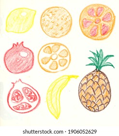 Freehand pencil hand drawn picture sketch of tropical fruits