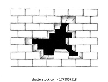 Freehand Pencil And Pen Drawing Of A Hole In A Brick Wall Revealing A Pitch Black Background Or A Glimpse Of The Universe. Nobody Here Who Removed The Stones. Metaphor Breaking Free Into The Unknown.