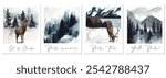 Freehand watercolor collection of winter backgrounds. Hand drawn watercolour scandinavian landscape with the image of a misty forest, deer, Christmas trees. Background, postcard