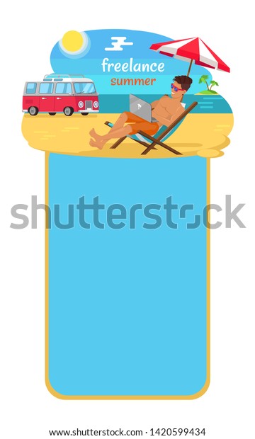 Freelance summer man and text sample with\
lettering distant work male umbrella raster illustration isolated\
on white\
background