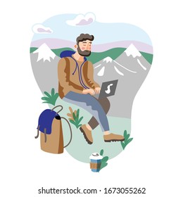 Freelancer in mountains illustration. Cartoon man, hiker, traveler, tourist preparing blog post, vlog. Freelance reporter, journalist, writer on vacation, recreation isolated character. Raster copy - Powered by Shutterstock