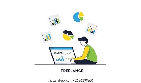 Freelancer working on a laptop with data charts floating around isolated on white background