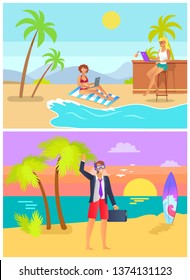 Freelancers Man And Woman On Tropical Beach Male In Office Suit Diving Mask Female Working Laptop Sitting Sand Drinking Cocktail Raster